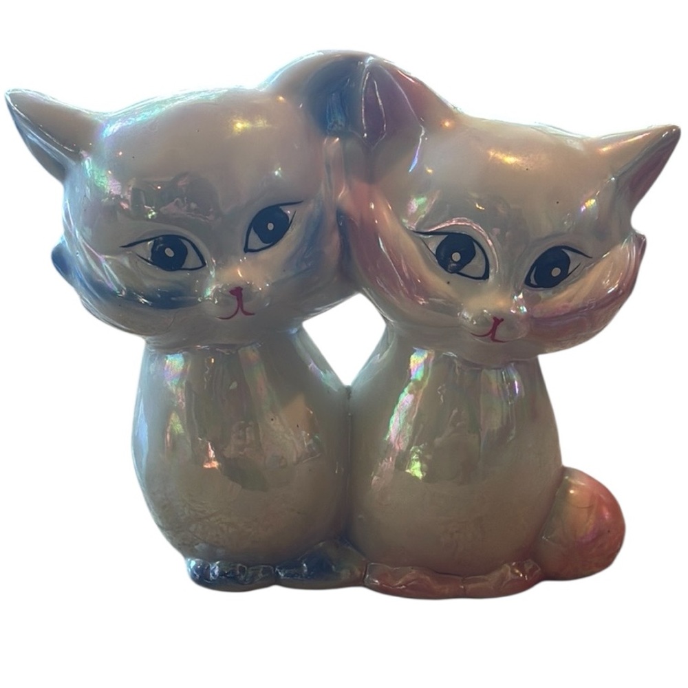 Iridescent Siamese Cats Figurines Attached  At the Whiskers And Hips Literally